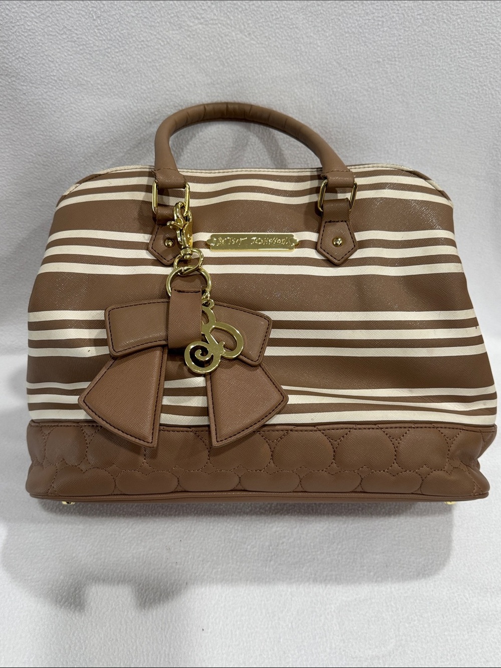 Betsey Johnson Brown and Cream Striped Satchel with Bow Charm